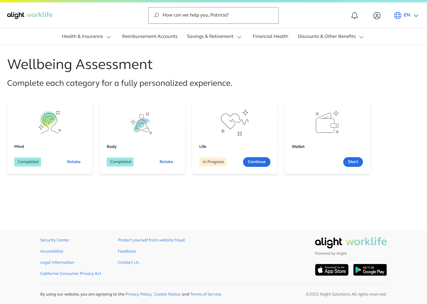 Summary menu of the assessment