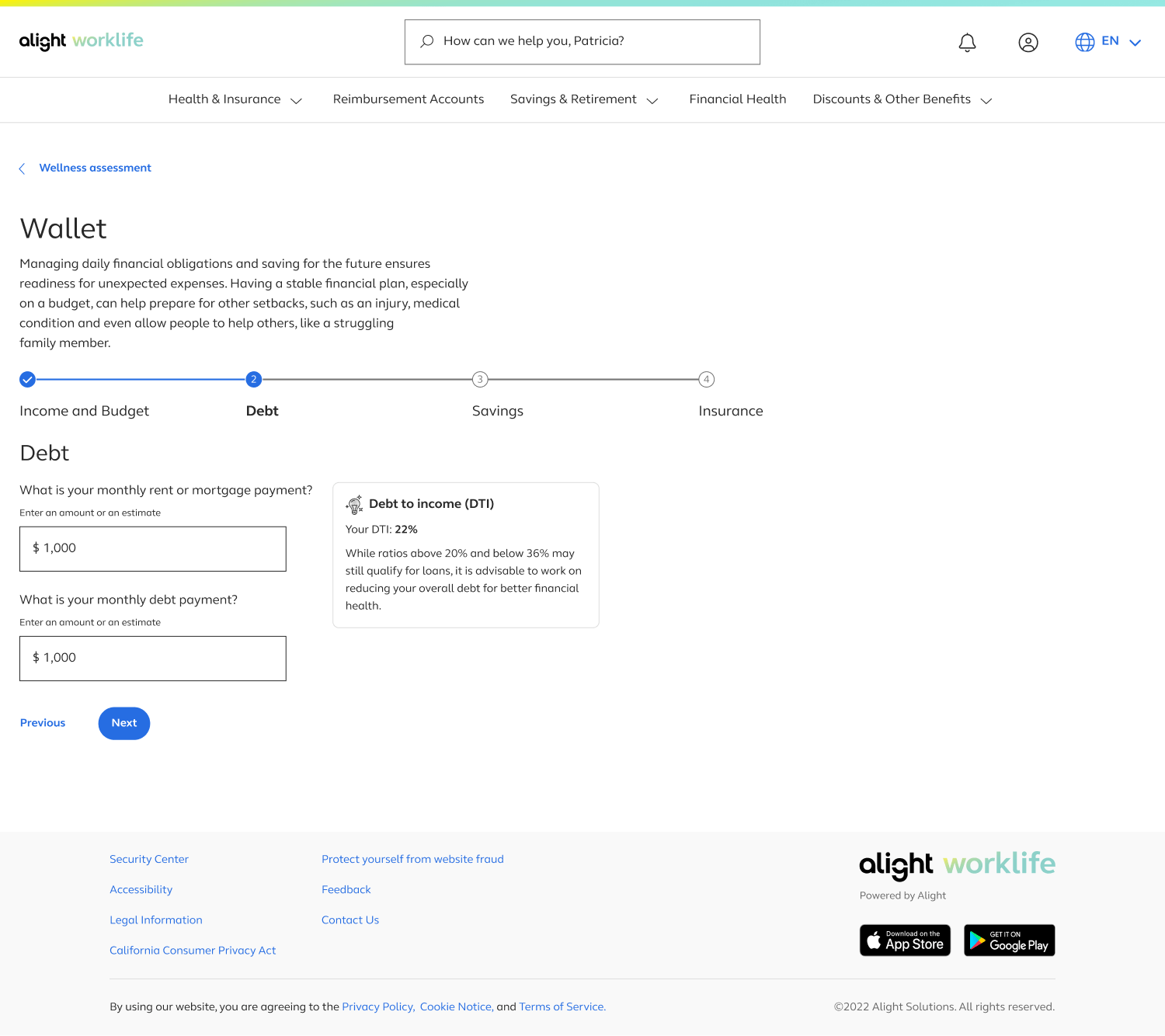 Debt section of the assessment